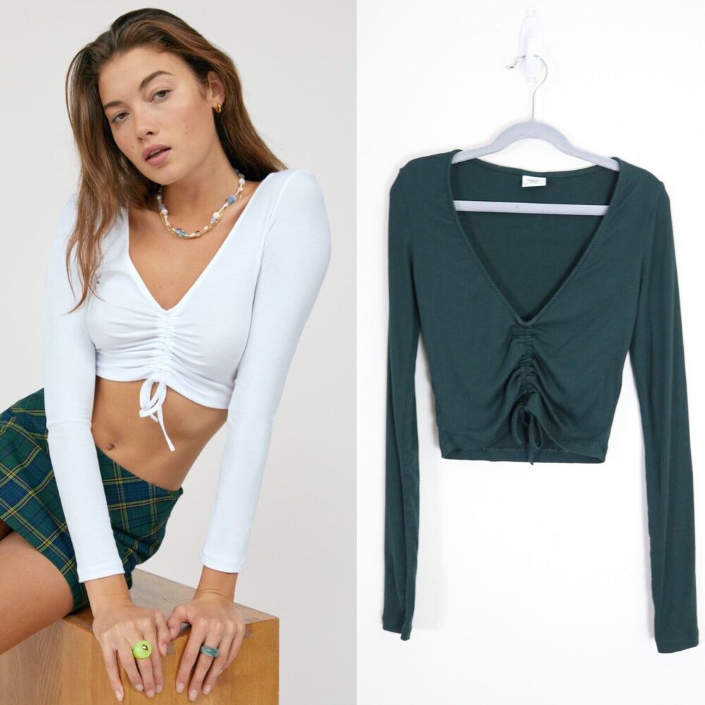 Aritzia Sunday Best Size XXS Vida Long Sleeve Crop Top Ribbed Green Ruched Front